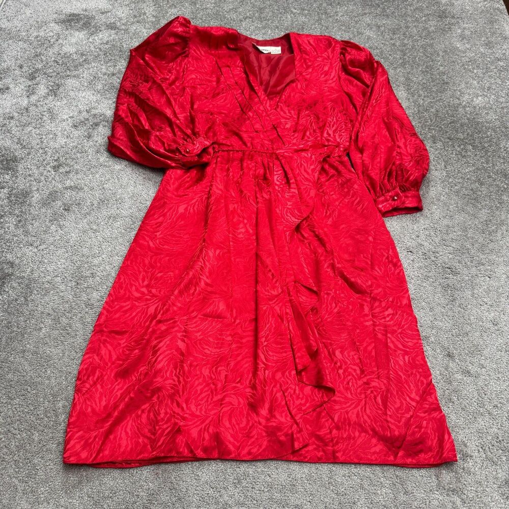 Vintage 80s Lucero Lizzy & Johnny Jacquard Midi Sheath Wrap Dress Womens 16 Red